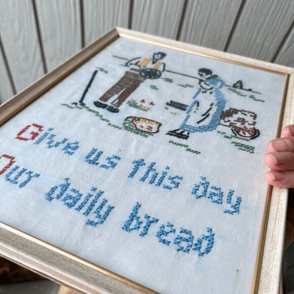 Vintage Framed Cross Stitch “Give Us This Day Our Daily Bread” 9"x12" - Picture 2 of 7